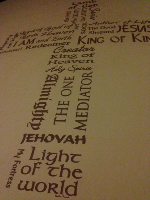 Wall mural of a cross made from descriptions of God