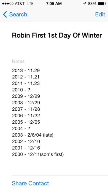 Log of first Robin's song each winter in Florida