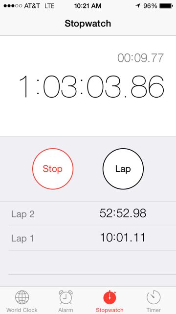 iPhone screen shot of stopwatch