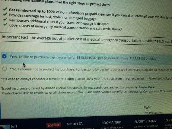 Trip insurance screen shot