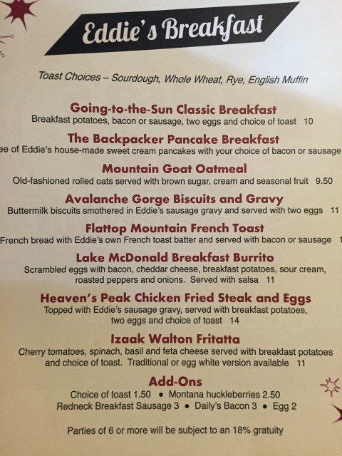Eddie's Restaurant menu at Apgar