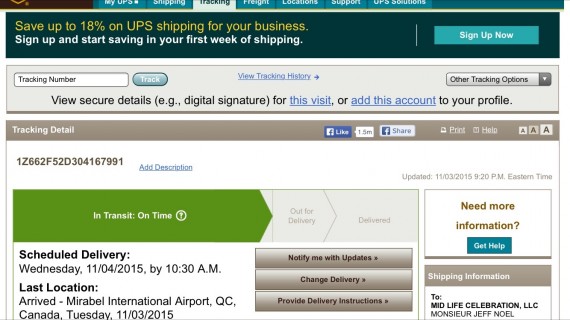 UPS tracking screen shot