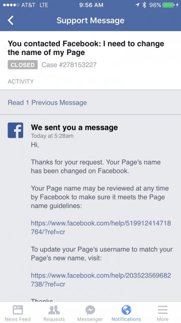 Facebook Business Page name change request