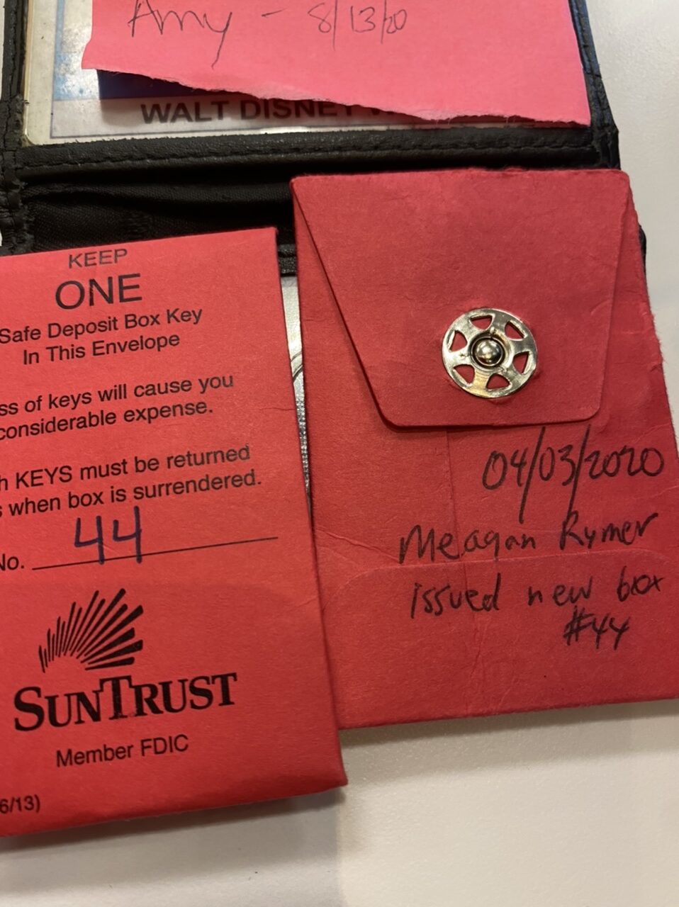 Safety deposit box key envelopes