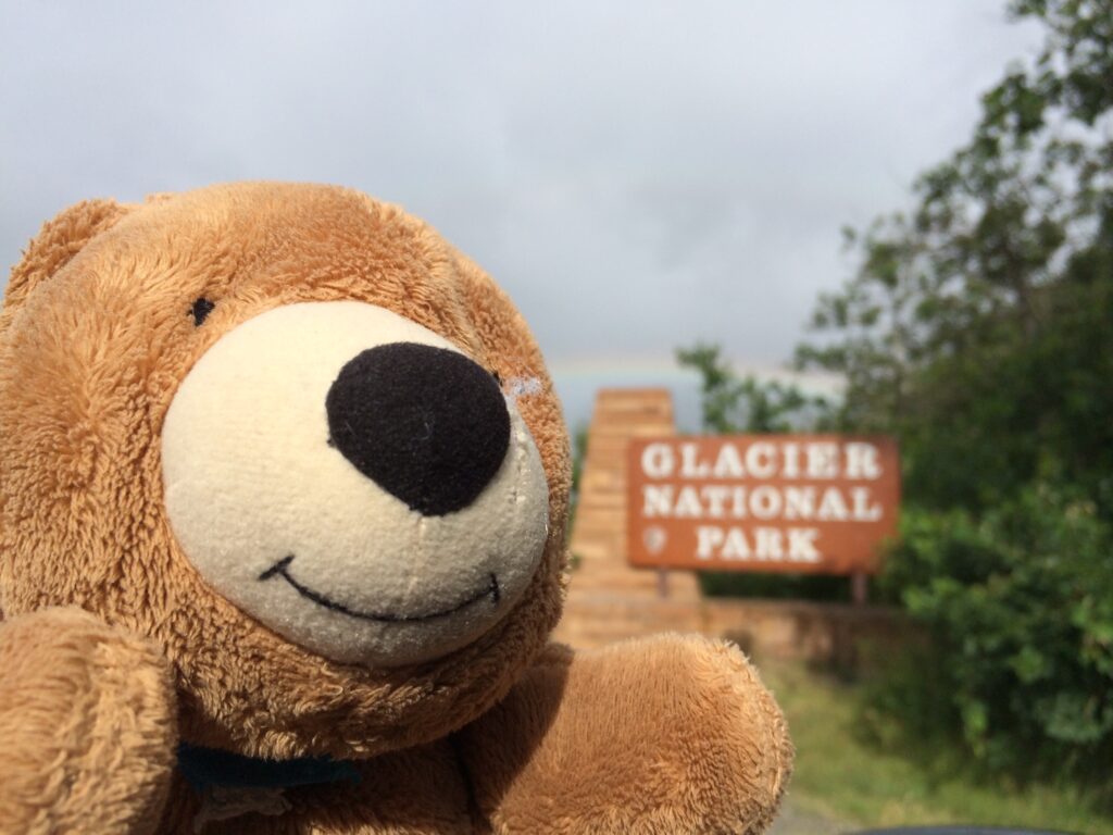 Teddy bear by national park sign