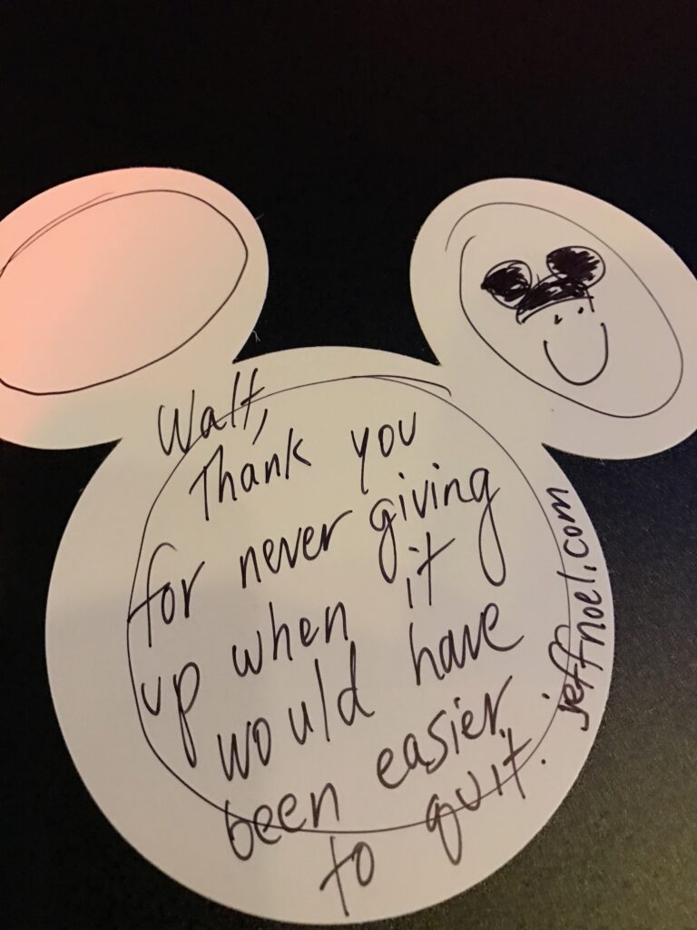 Disney Keynote Speaker Jeff Noel handwritten tribute to Walt 