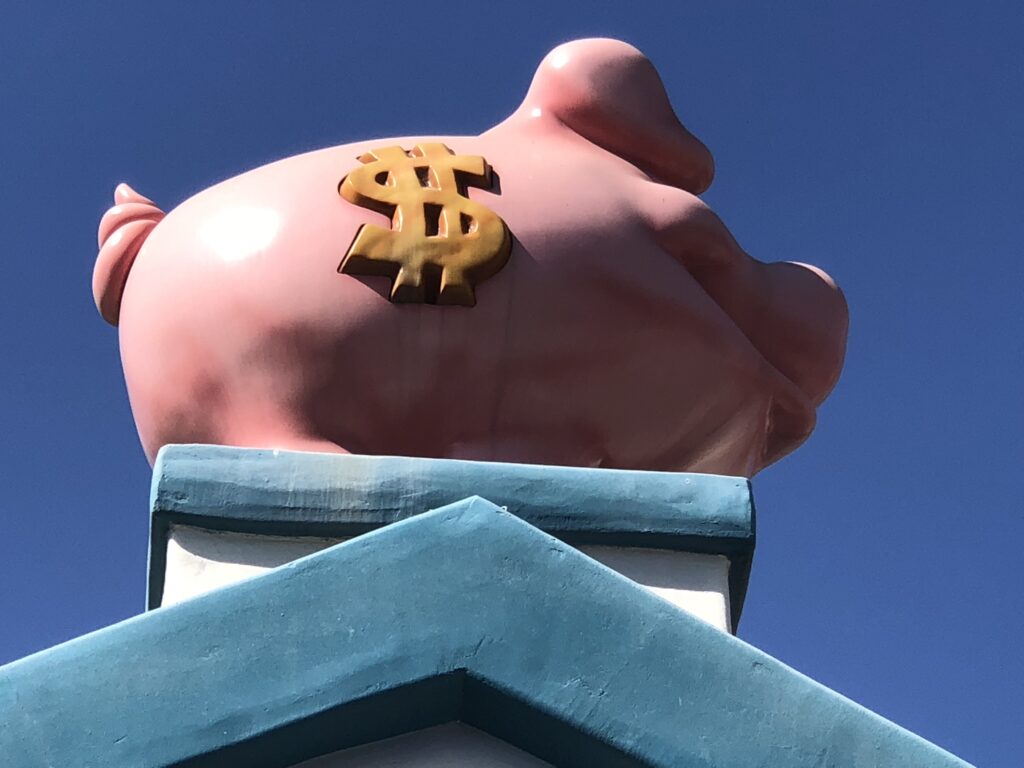 Rooftop pig ornament with $ sign 
