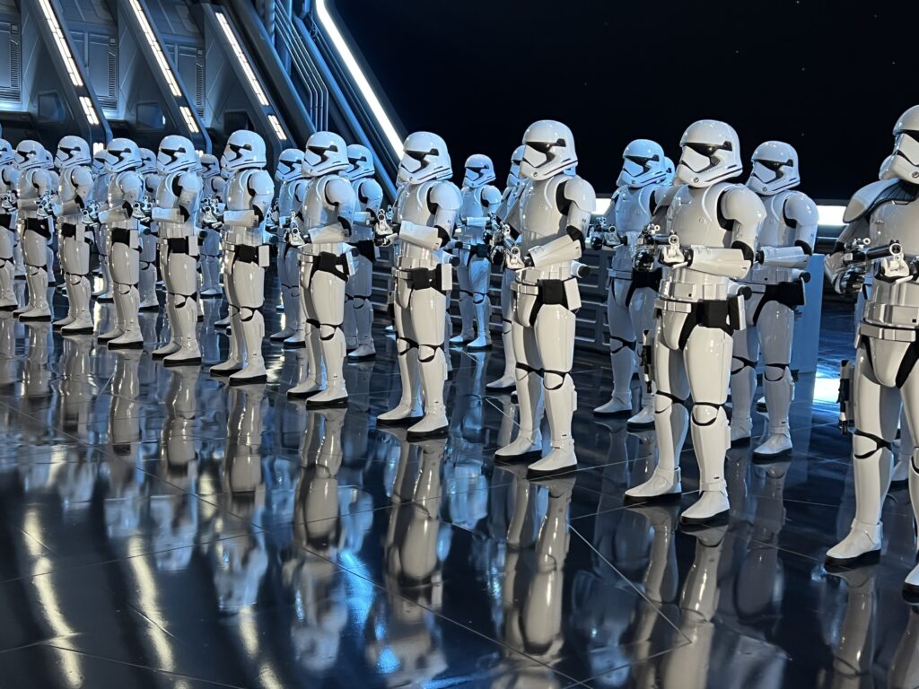 stage full of standing Storm Troopers