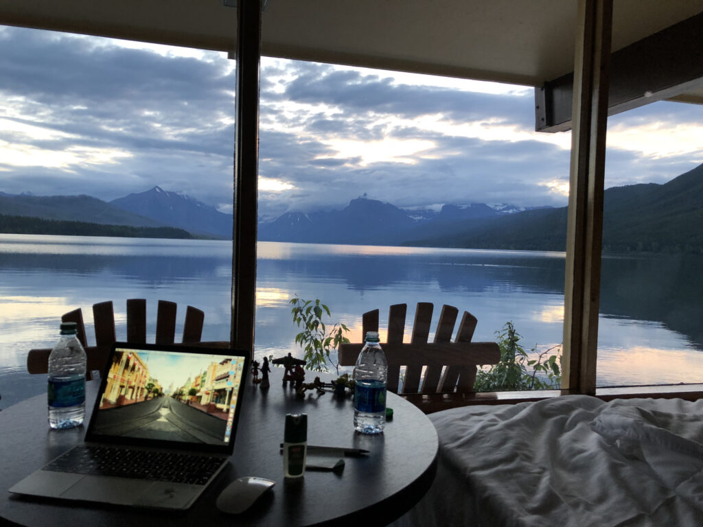 mountain lake view from motel room