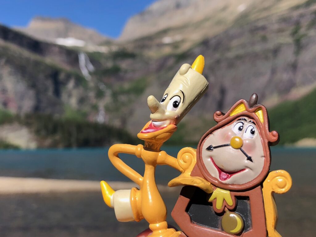 Beauty and the Beast toy characters in the mountains