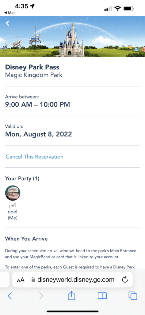 Disney reservation screenshot